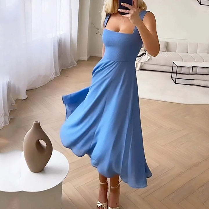 Midi Dress Womens Square Neck Fitted Bodice Full Skirt Wedding Guest