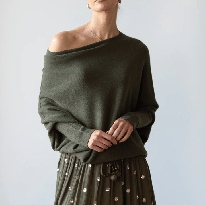 Jumper Womens Off Shoulder Cowl Neck Draped Asymmetric Hem Long Sleeve - image 4