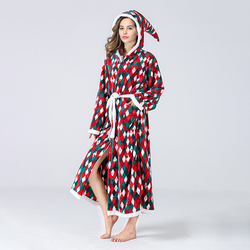 Christmas Dressing Gown Womens Hooded Long Robe Tie Waist Festive Print - image 7