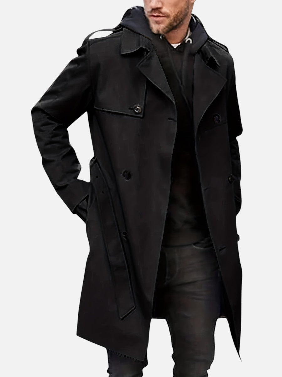 Double Breasted Trench Coat Mens Belted Tie Waist Storm Flap Epaulettes Longline - image 5