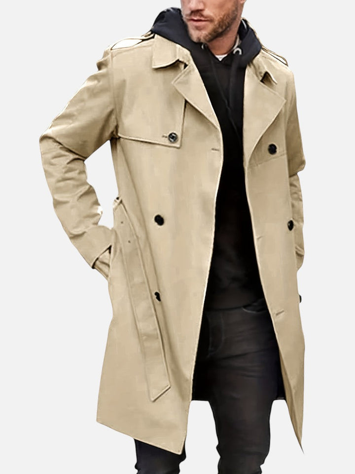 Double Breasted Trench Coat Mens Belted Tie Waist Storm Flap Epaulettes Longline - image 2