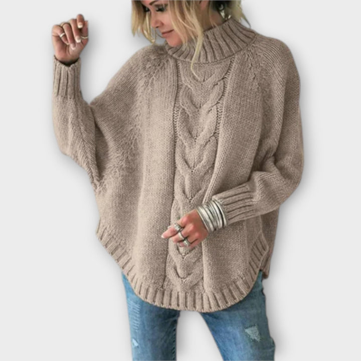 Cable Knit Jumper Womens Batwing Sleeve Funnel Neck Chunky Curved Hem - image 3