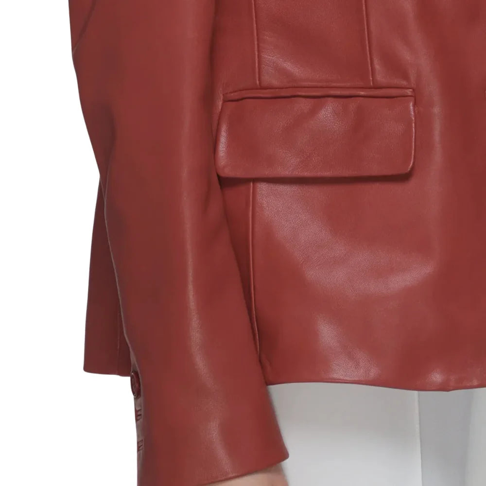 Leather Blazer Womens Notch Lapel Single Button Flap Pockets - image 5