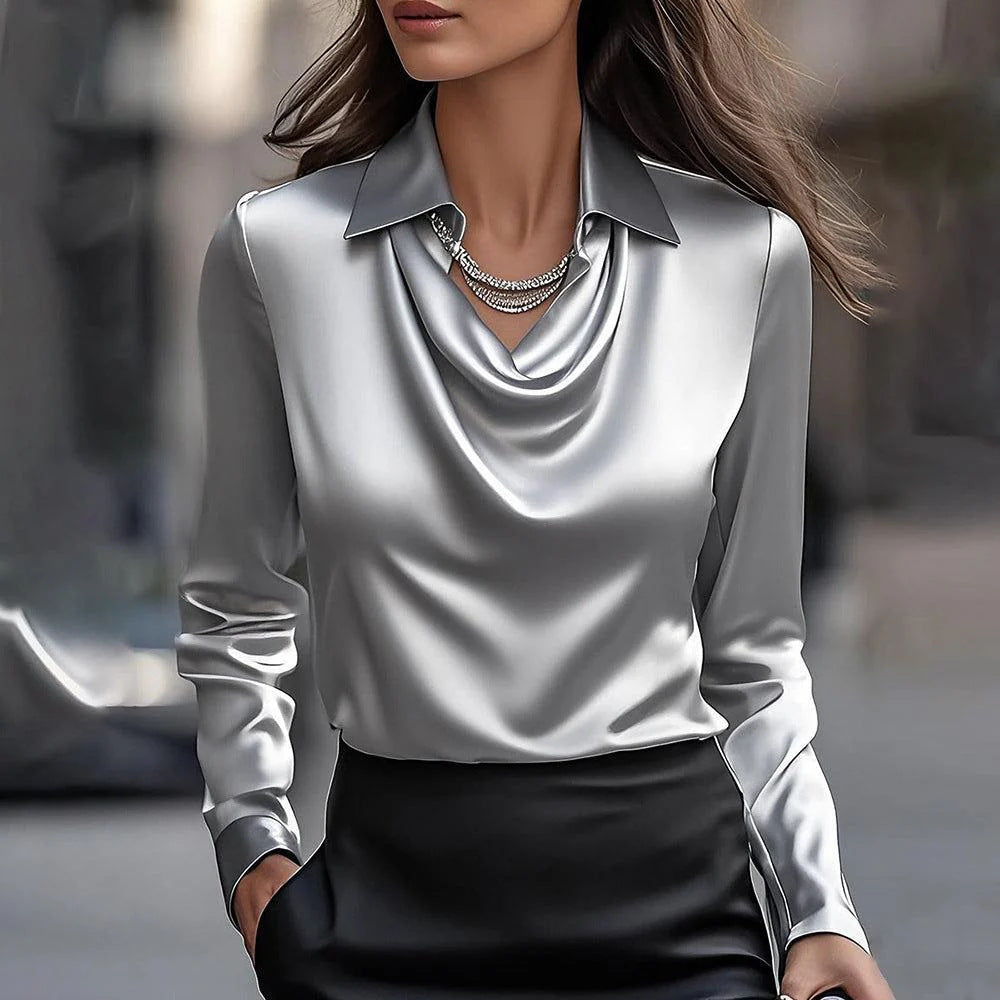 Satin Blouse Womens Long Sleeve Cowl Neck Collared Office Top Relaxed Fit - image 8