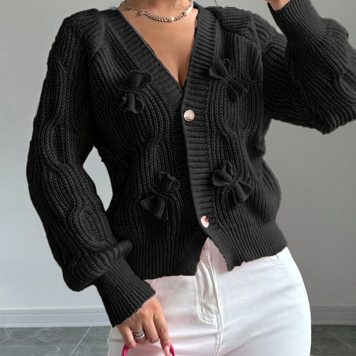 Cropped Cardigan Womens Bow Applique V Neck Button Front Pearl Look Buttons - image 2