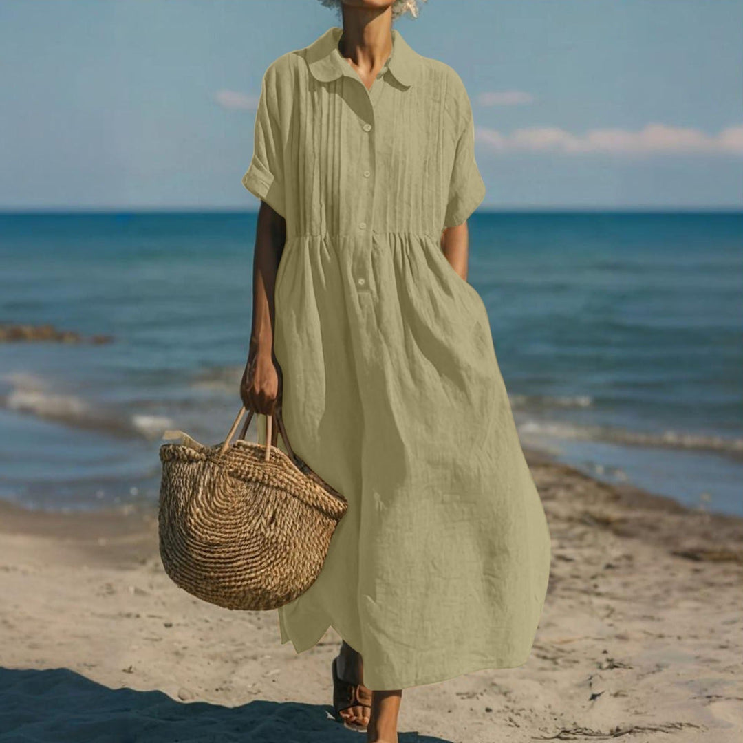 Linen Shirt Dress Womens Collared Pintuck Bodice Short Sleeve Maxi - image 12