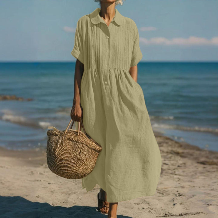 Linen Shirt Dress Womens Collared Pintuck Bodice Short Sleeve Maxi - image 12