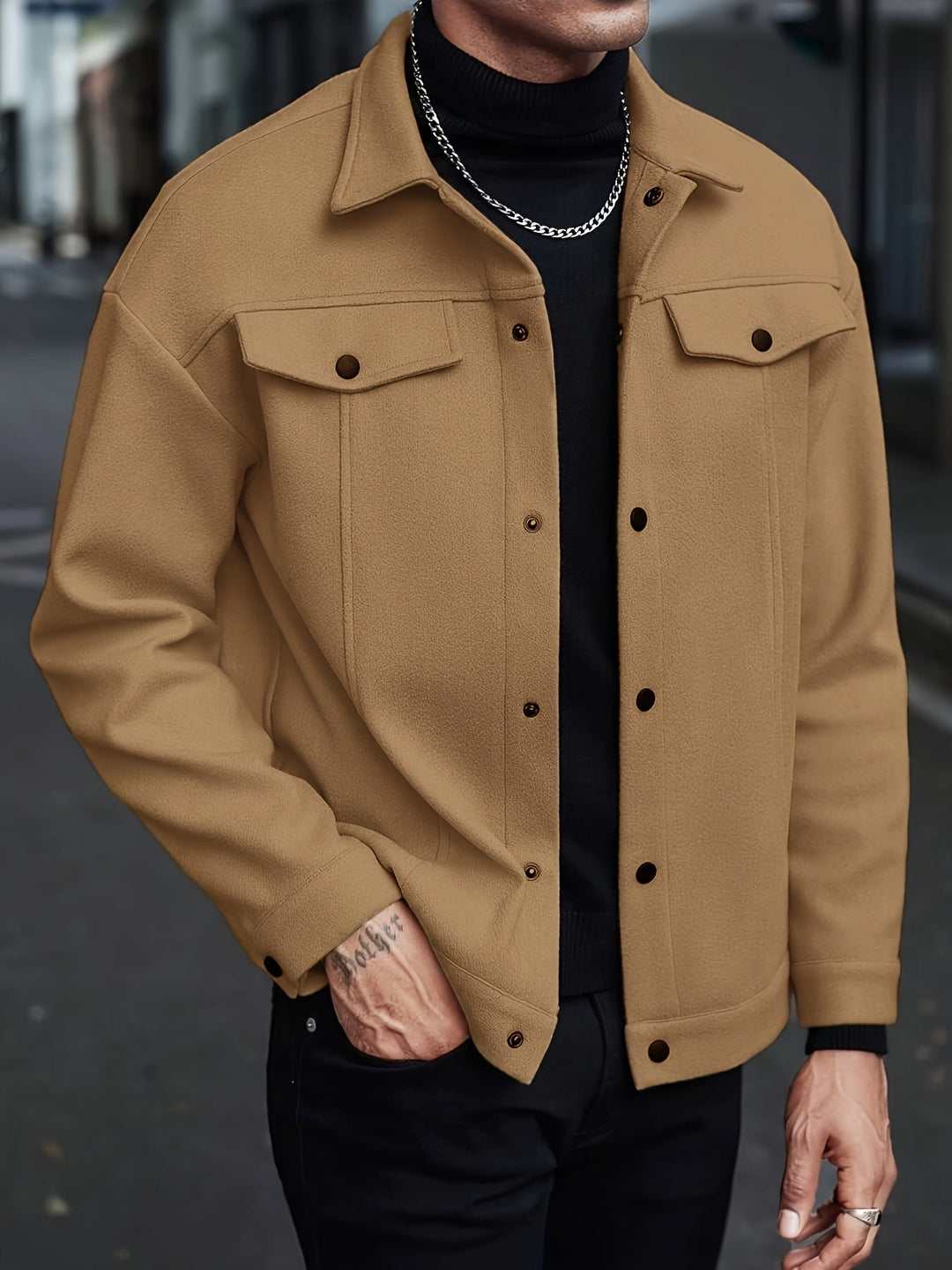 Trucker Jacket Mens Wool Look Snap Button Front Flap Chest Pockets Point Collar Relaxed Fit - image 3