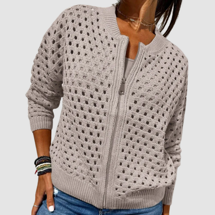 Cardigan Womens Zip Front Open Stitch Mesh Knit Bomber Collar Dropped Shoulder - image 4