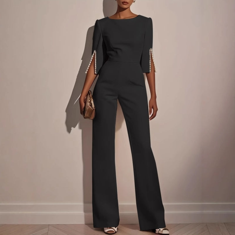 Jumpsuit Womens Wide Leg Pearl Detail Split Sleeve