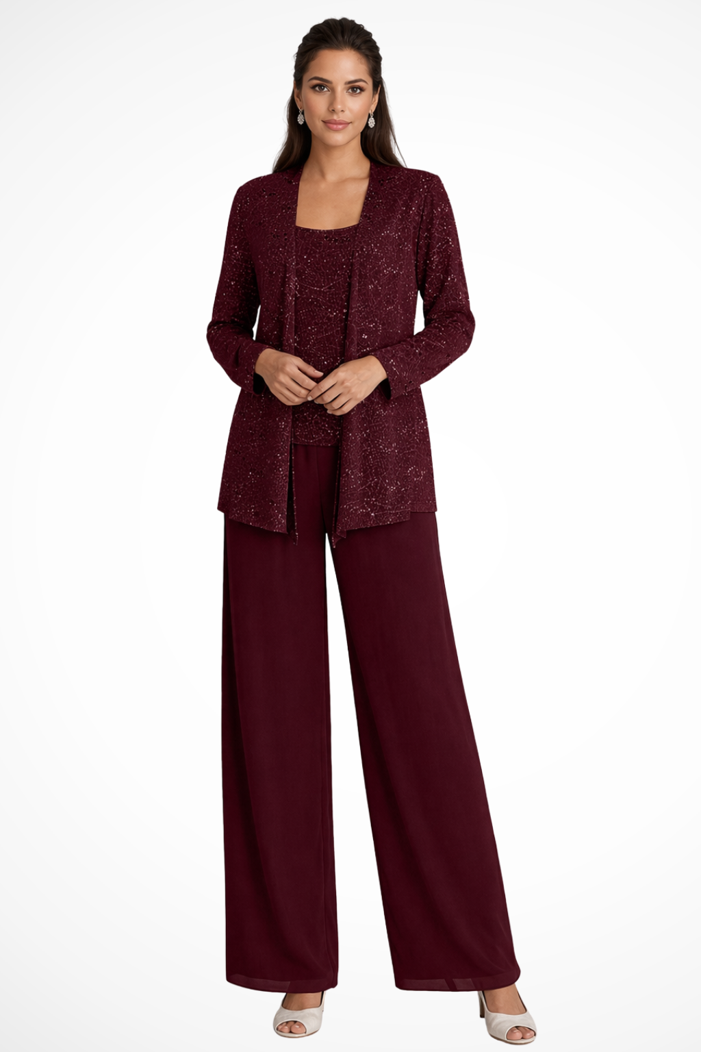 Three Piece Set Womens Sequin Cardigan Top Wide Leg Trousers