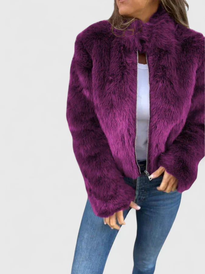 Faux Fur Jacket Womens Cropped Stand Collar Long Sleeve - image 9