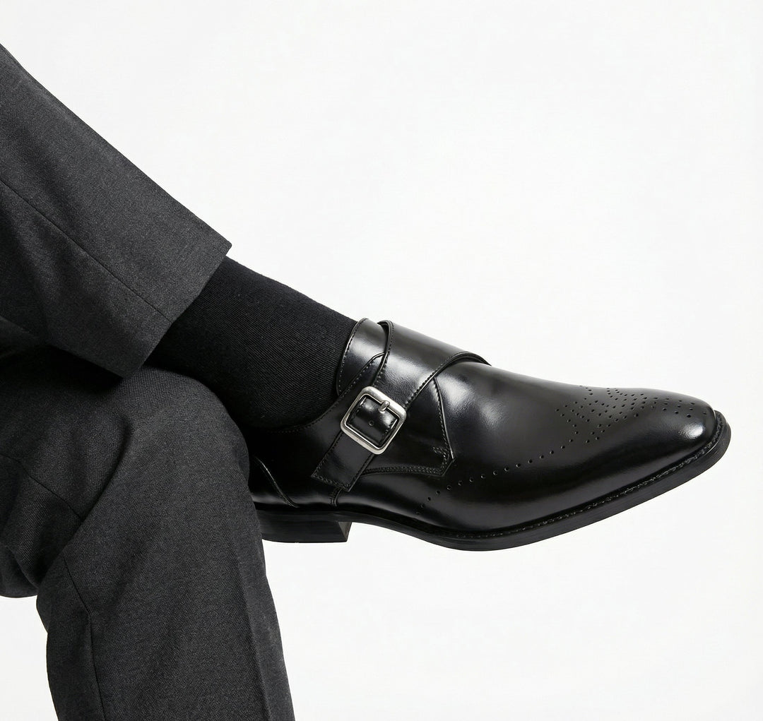Monk Strap Shoes Mens Single Buckle Brogue Detail Leather-Look Formal Wedding Office - image 4
