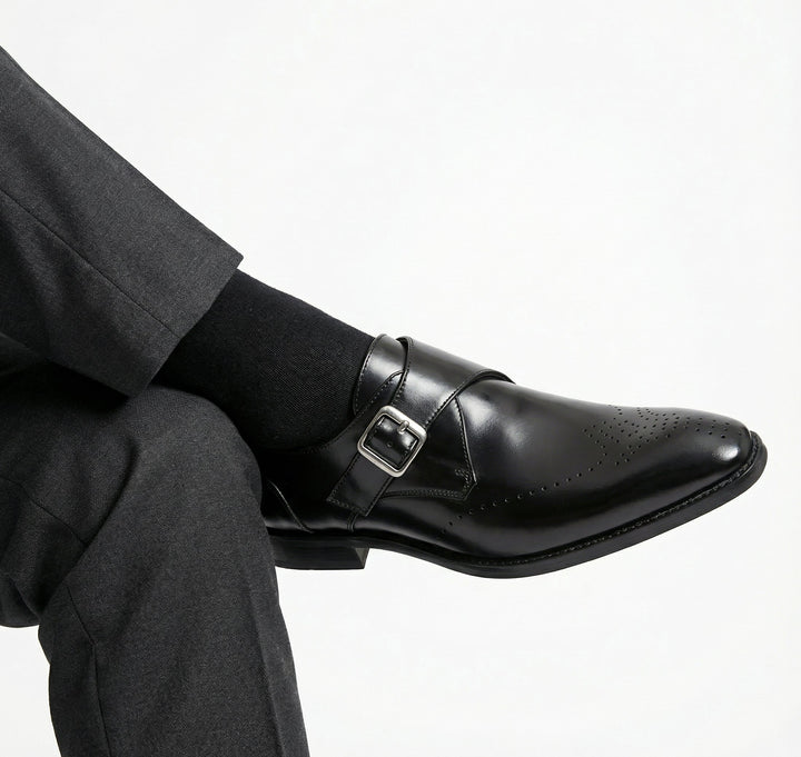 Monk Strap Shoes Mens Single Buckle Brogue Detail Leather-Look Formal Wedding Office - image 4