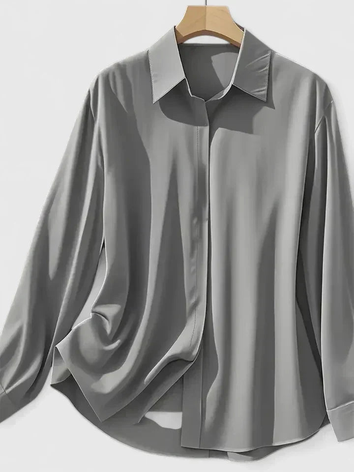 Satin Shirt Womens Long Sleeve Concealed Button Placket Collared Curved Hem Relaxed Fit - image 3