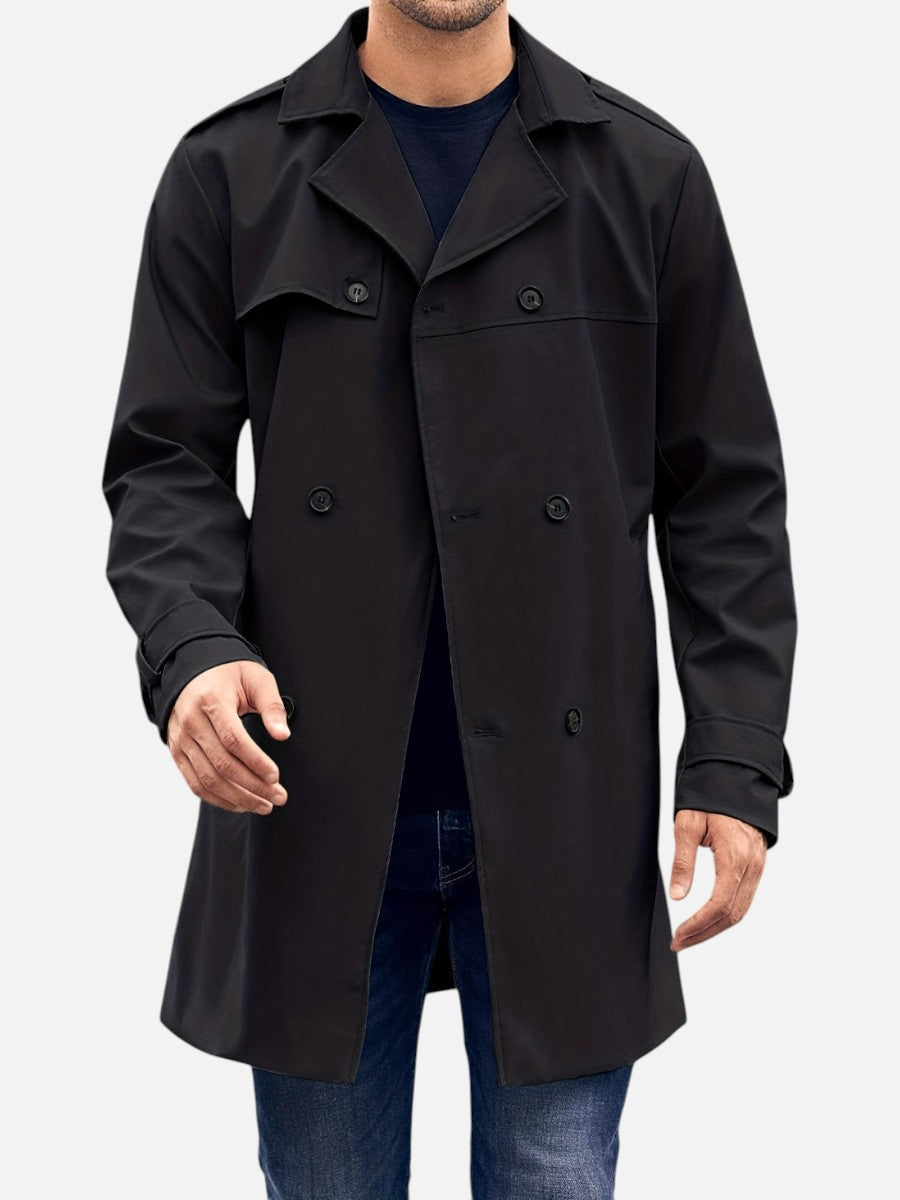 Double Breasted Trench Coat Mens Belted Tie Waist Storm Flap Epaulettes Longline - image 6