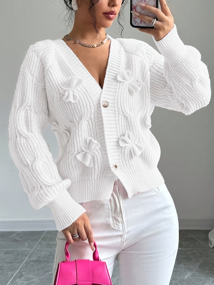 Cropped Cardigan Womens Bow Applique V Neck Button Front Pearl Look Buttons - image 17