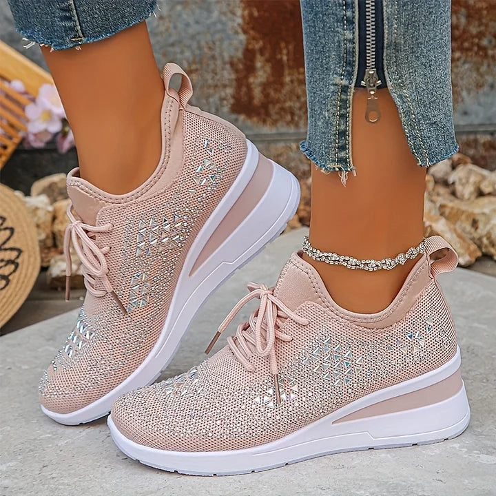 Orthopaedic Trainers Womens Arch Support Hidden Wedge Rhinestone Knit Lace Up - image 5