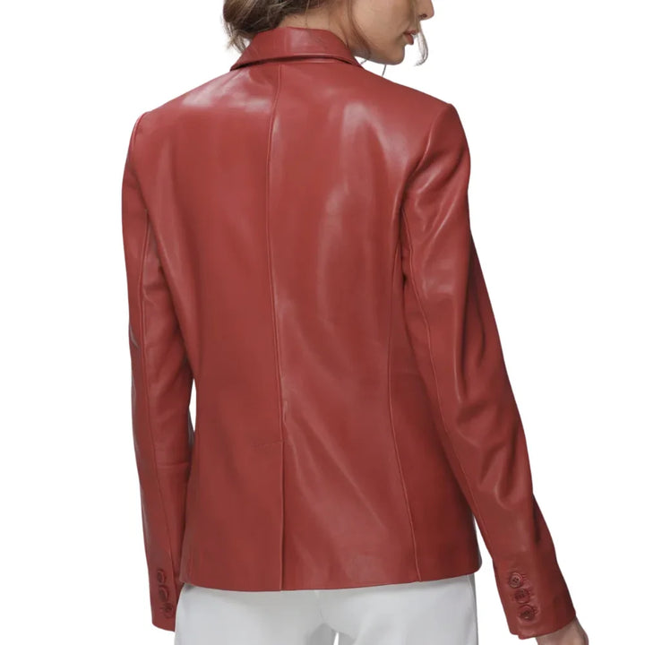 Leather Blazer Womens Notch Lapel Single Button Flap Pockets - image 4
