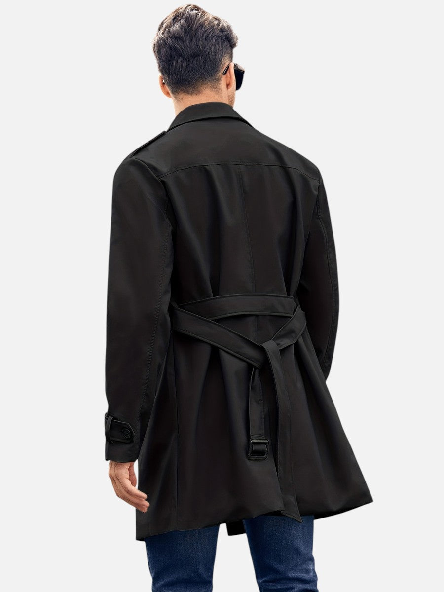 Double Breasted Trench Coat Mens Belted Tie Waist Storm Flap Epaulettes Longline - image 8