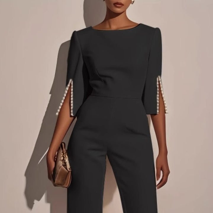 Jumpsuit Womens Wide Leg Pearl Detail Split Sleeve