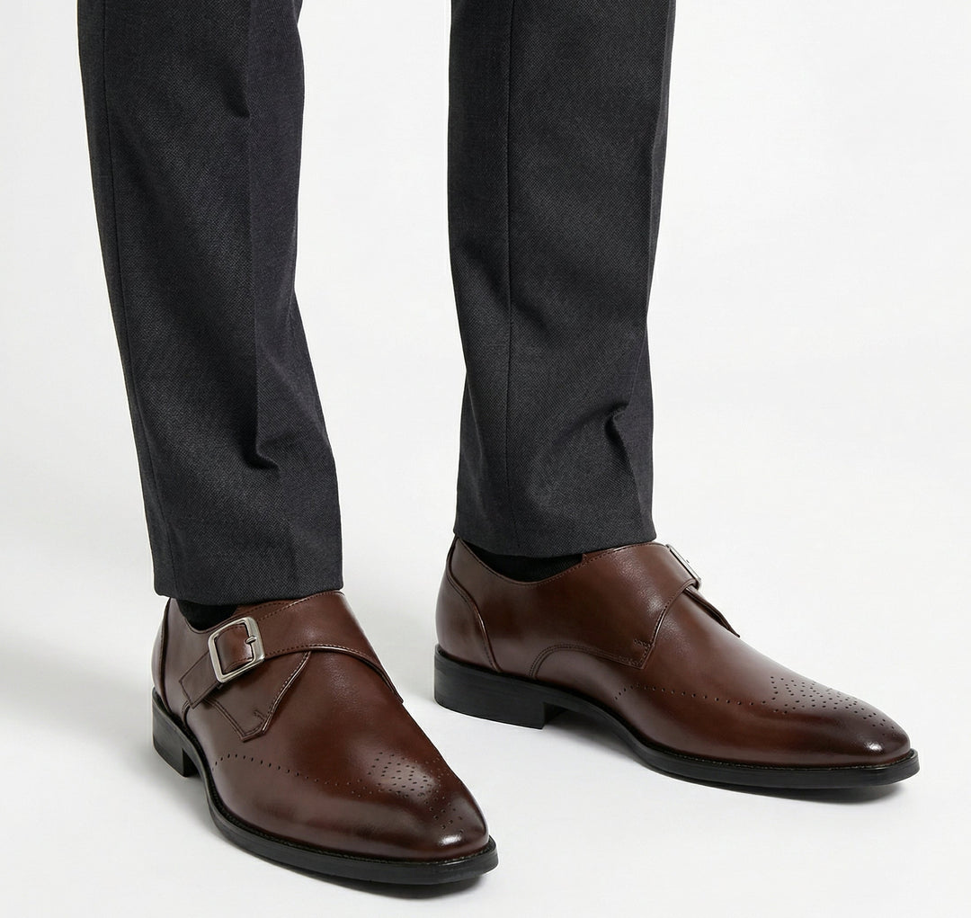 Monk Strap Shoes Mens Single Buckle Brogue Detail Leather-Look Formal Wedding Office - image 7