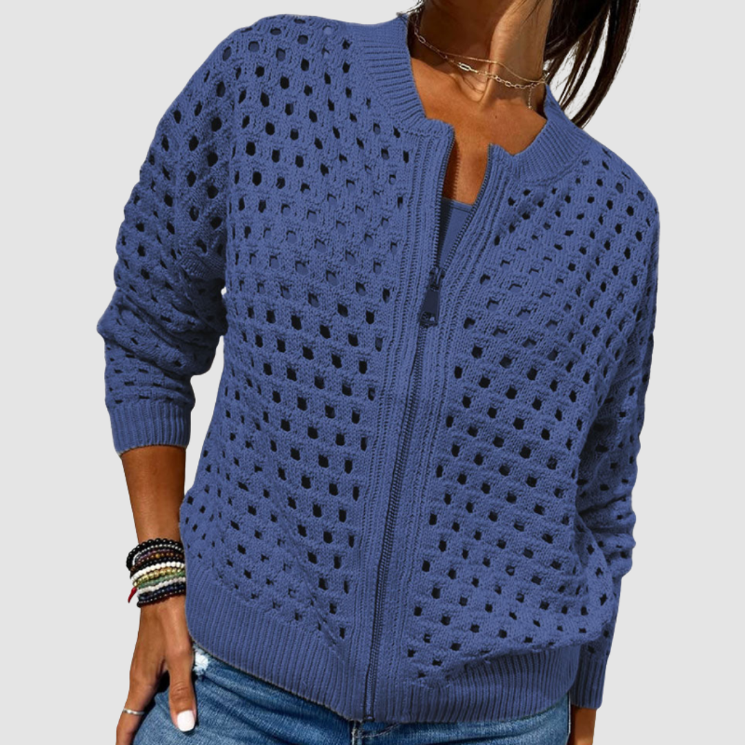 Cardigan Womens Zip Front Crochet Knit Open Stitch Ribbed Collar Hip Length - image 5