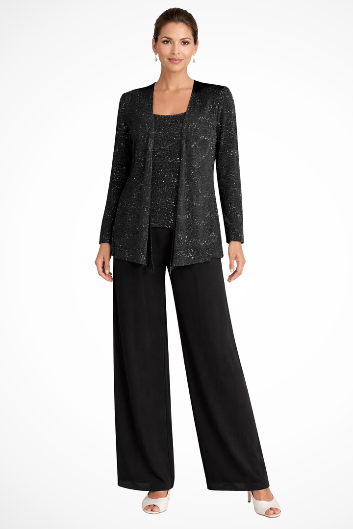 Three Piece Set Womens Sequin Cardigan Top Wide Leg Trousers