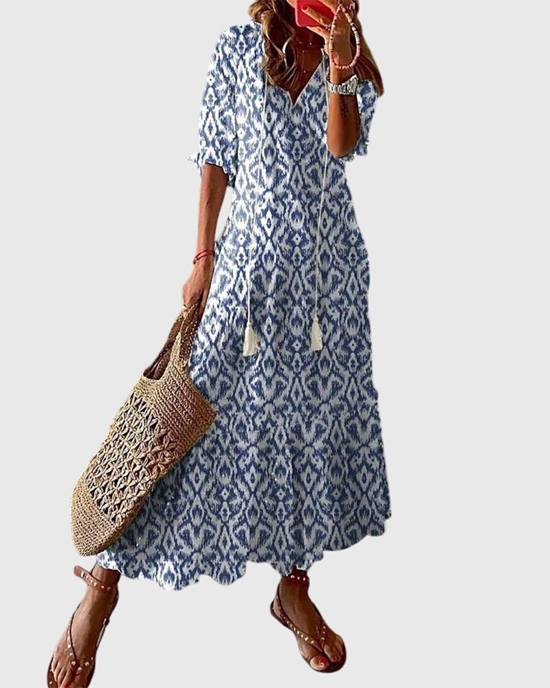 Summer Dress Womens V Neck Boho Print Relaxed Fit