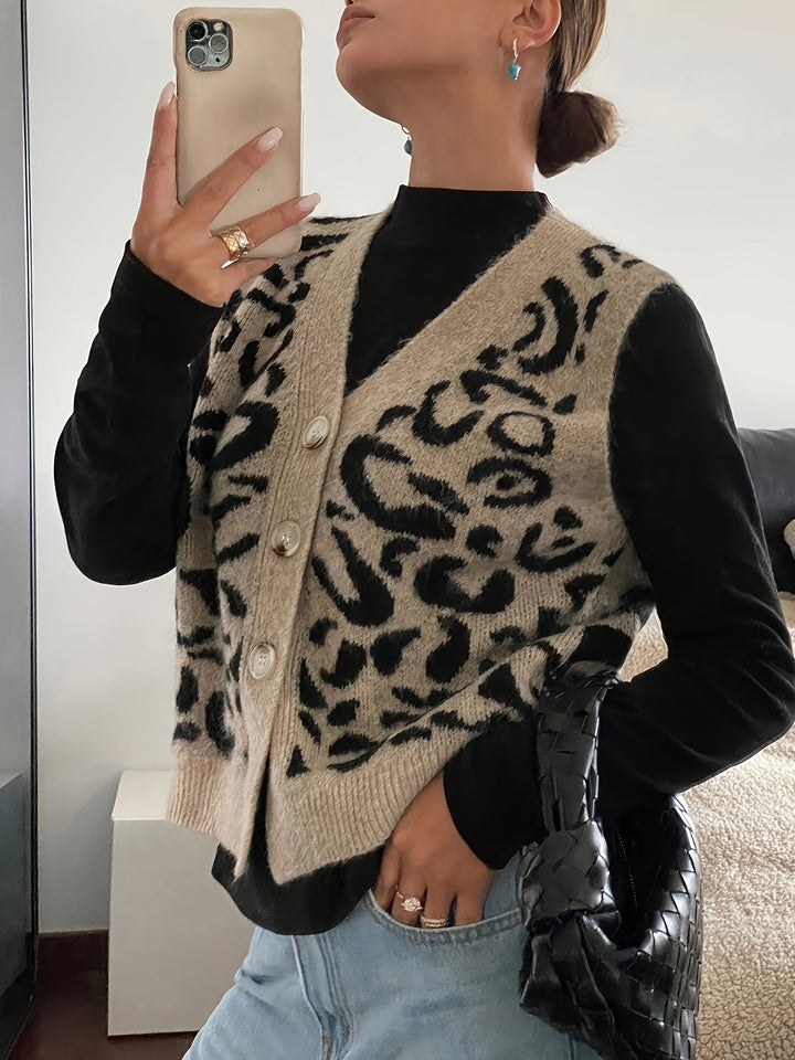 Knit Waistcoat Womens Animal Motif Button Front V Neck Sleeveless Hip Length - image 4