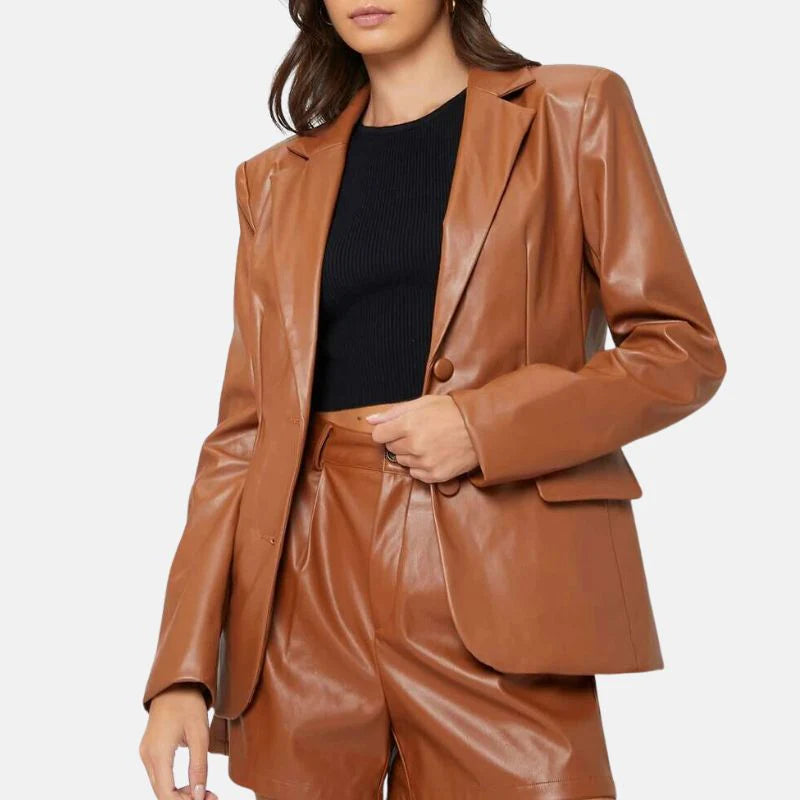 Leather Blazer Womens Oversized Fit Notch Lapel One Button - image 1