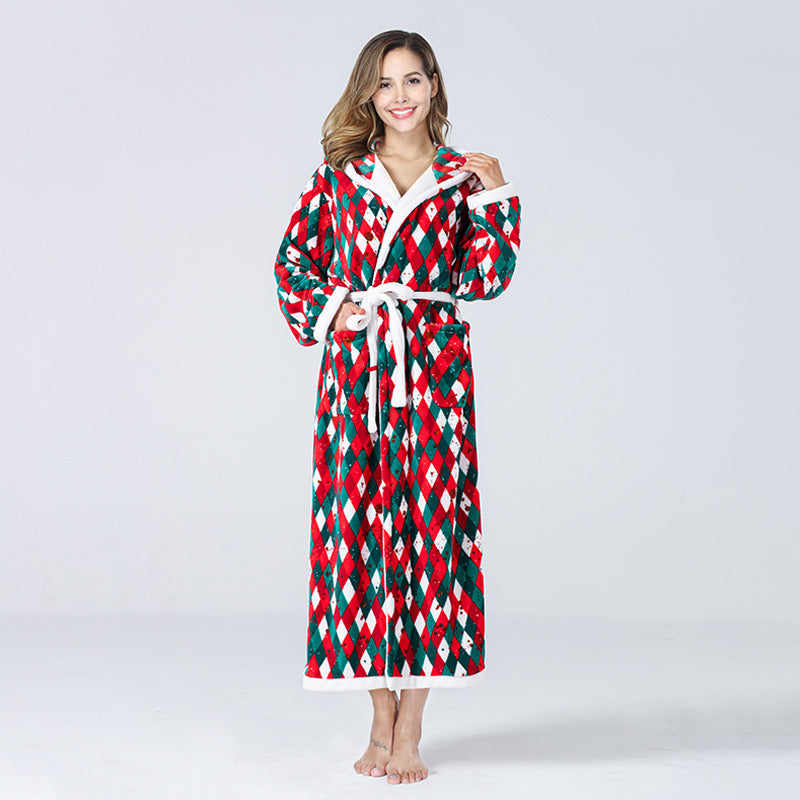 Christmas Dressing Gown Womens Hooded Long Robe Tie Waist Festive Print - image 4