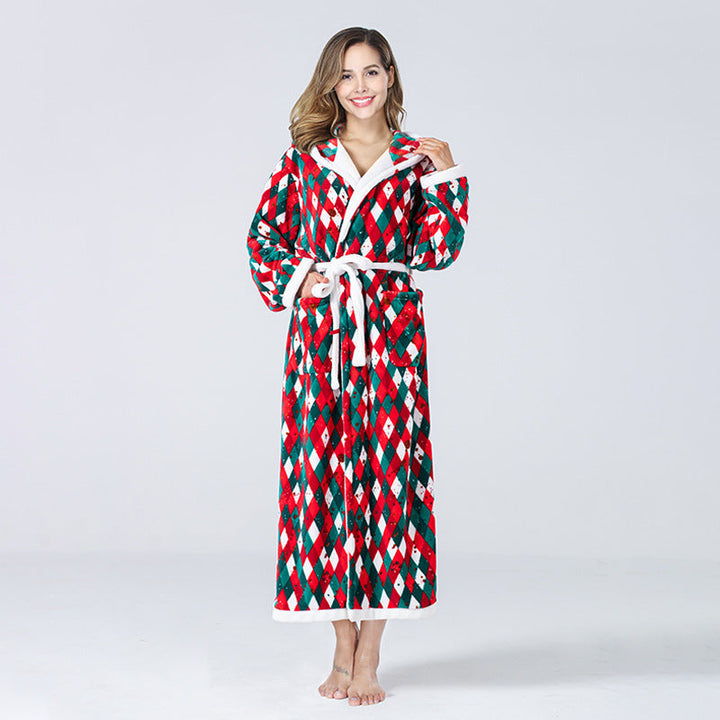 Christmas Dressing Gown Womens Hooded Long Robe Tie Waist Festive Print - image 4