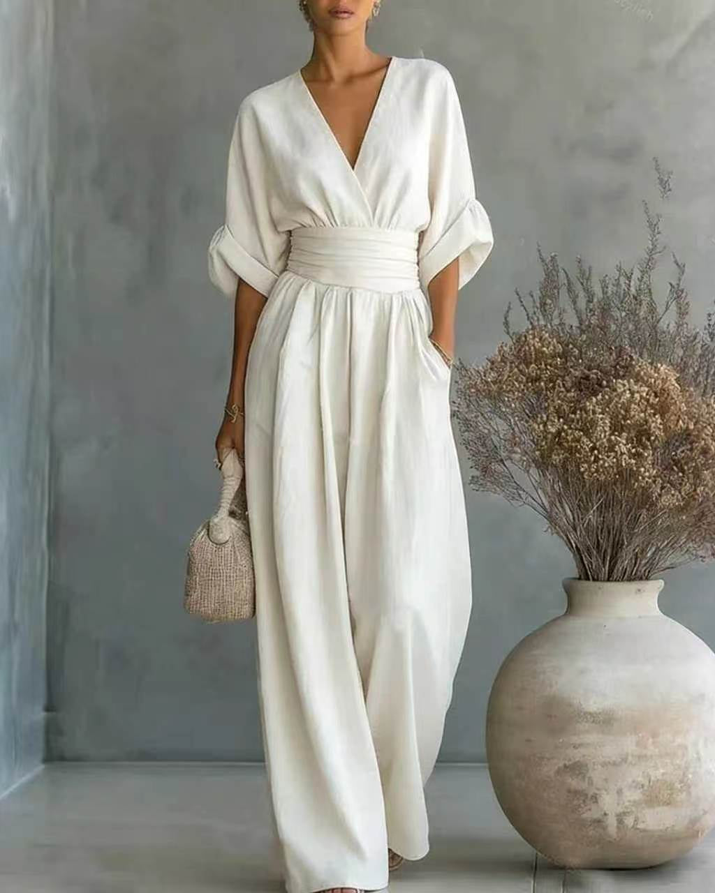 Jumpsuit Womens Wide Leg V Neck High Waist Linen Look Half Sleeve Pockets - image 10
