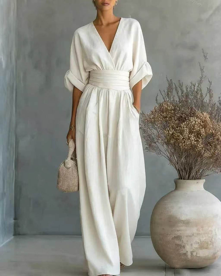 Jumpsuit Womens Wide Leg V Neck High Waist Linen Look Half Sleeve Pockets - image 10