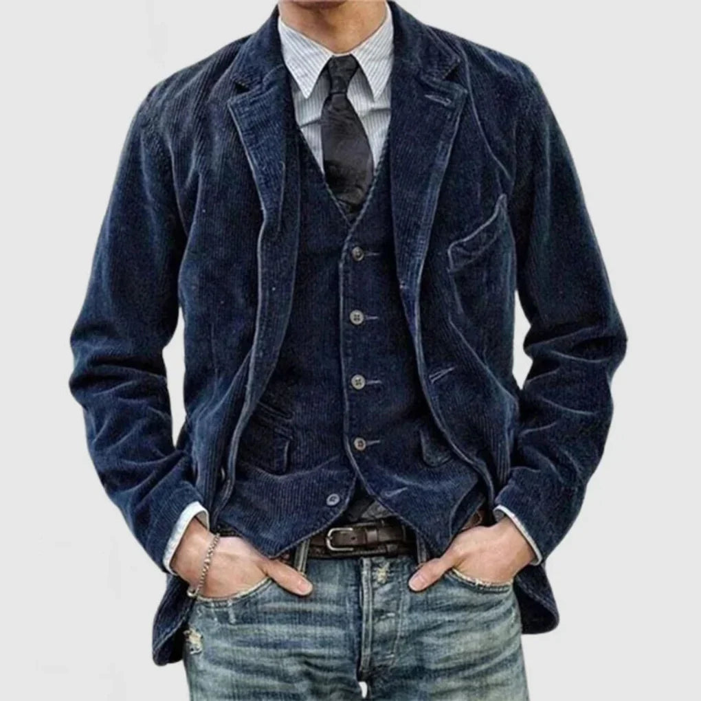 Corduroy Blazer Waistcoat Set Mens Vintage Notch Lapel Single Breasted Two Piece - image 1