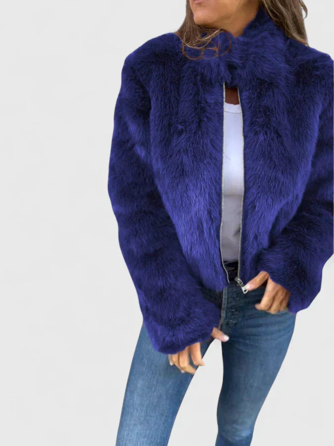 Faux Fur Jacket Womens Cropped Stand Collar Long Sleeve - image 7