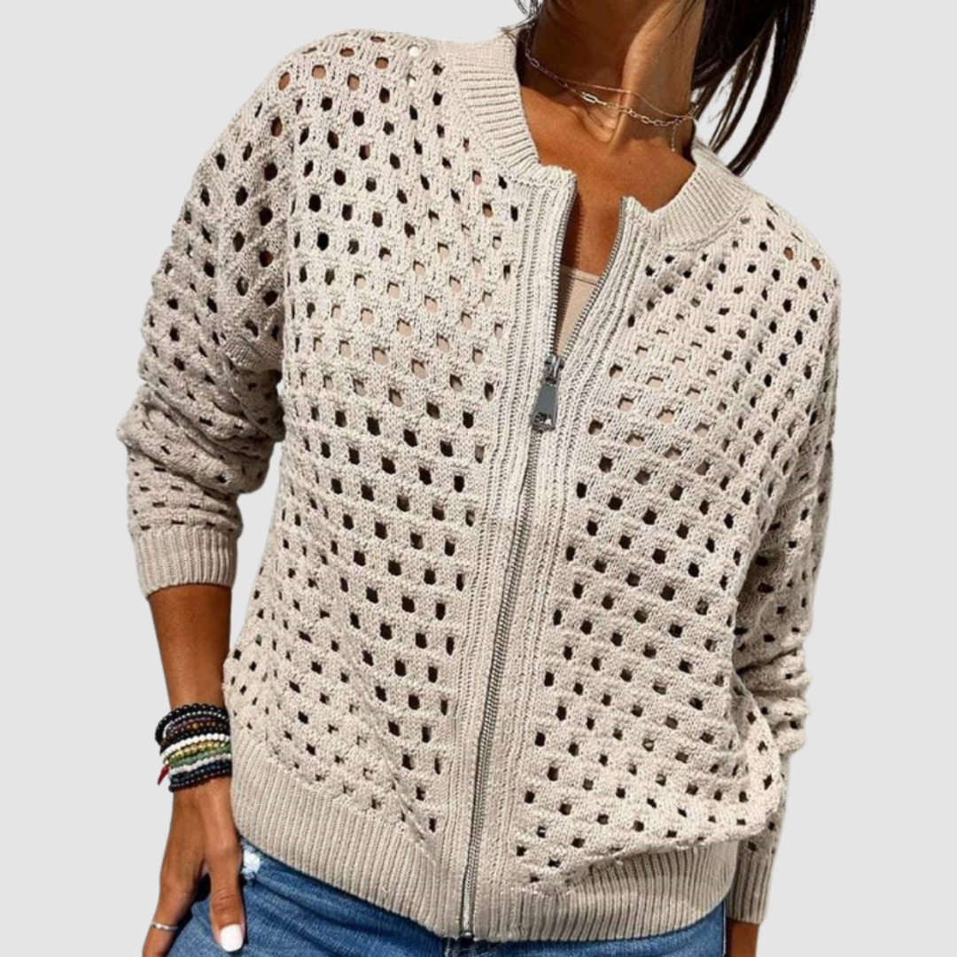 Cardigan Womens Zip Front Open Stitch Mesh Knit Bomber Collar Dropped Shoulder - image 1