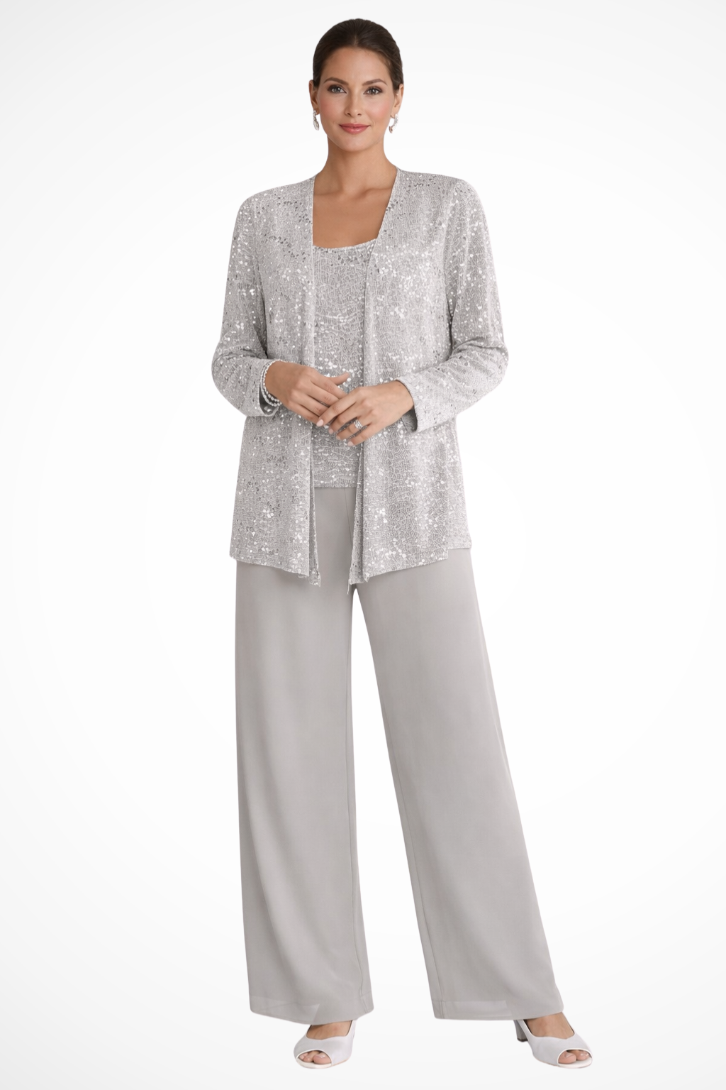 Three Piece Set Womens Sequin Cardigan Top Wide Leg Trousers