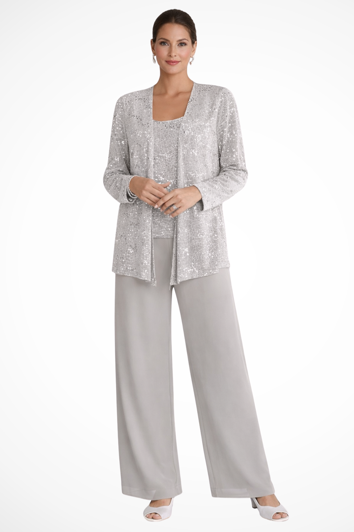 Three Piece Set Womens Sequin Cardigan Top Wide Leg Trousers