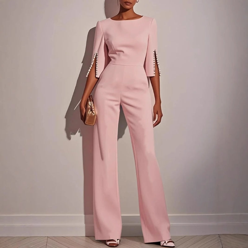 Jumpsuit Womens Wide Leg Pearl Detail Split Sleeve