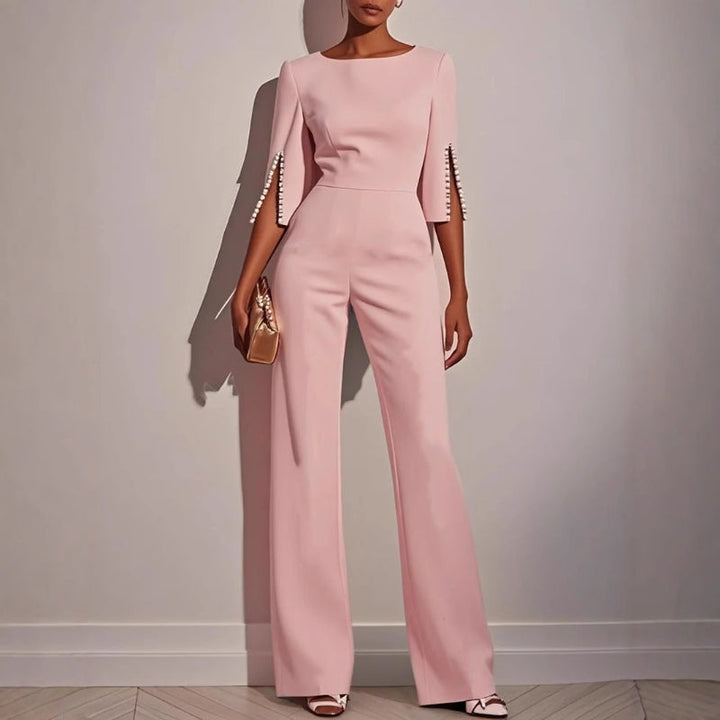 Jumpsuit Womens Wide Leg Pearl Detail Split Sleeve