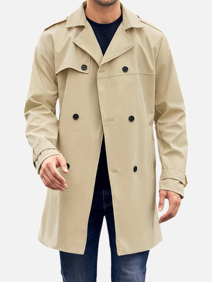 Double Breasted Trench Coat Mens Belted Tie Waist Storm Flap Epaulettes Longline - image 1