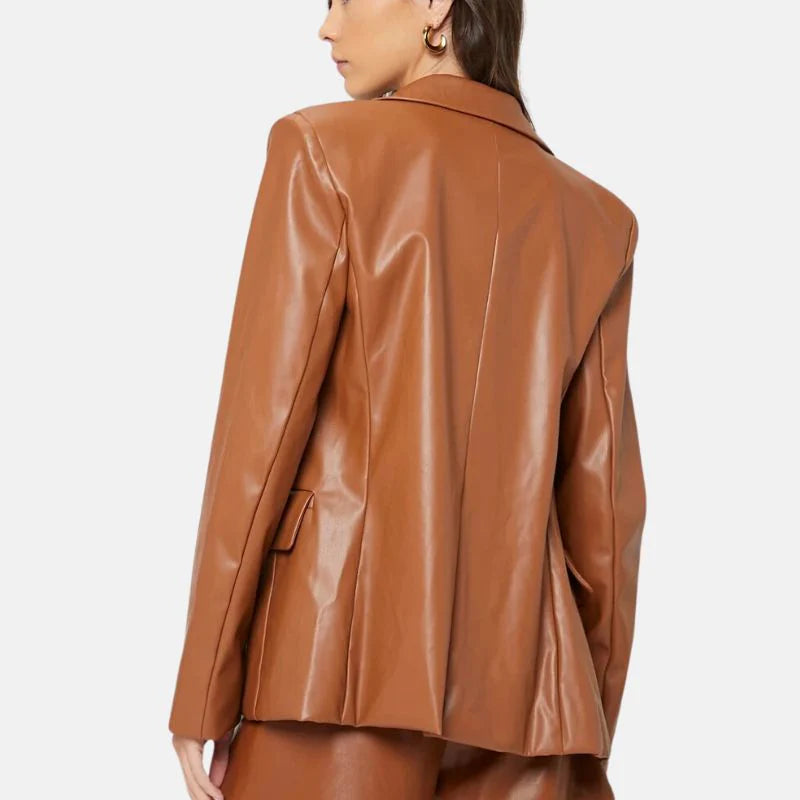 Leather Blazer Womens Oversized Fit Notch Lapel One Button - image 2