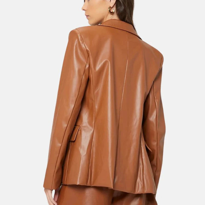 Leather Blazer Womens Oversized Fit Notch Lapel One Button - image 2