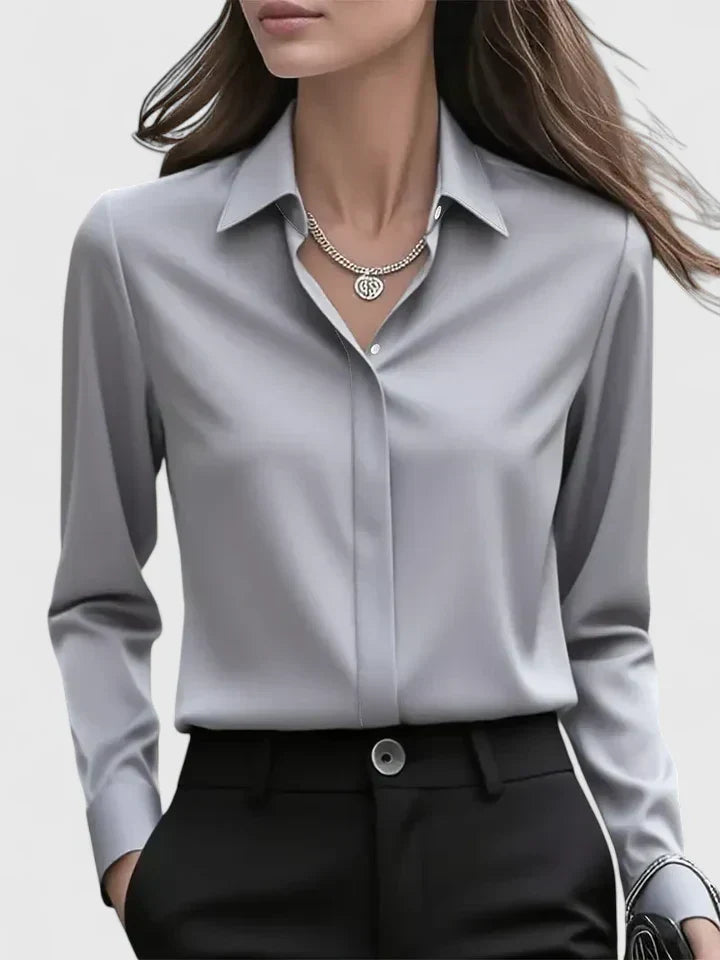 Satin Shirt Womens Long Sleeve Concealed Button Placket Collared Curved Hem Relaxed Fit - image 12