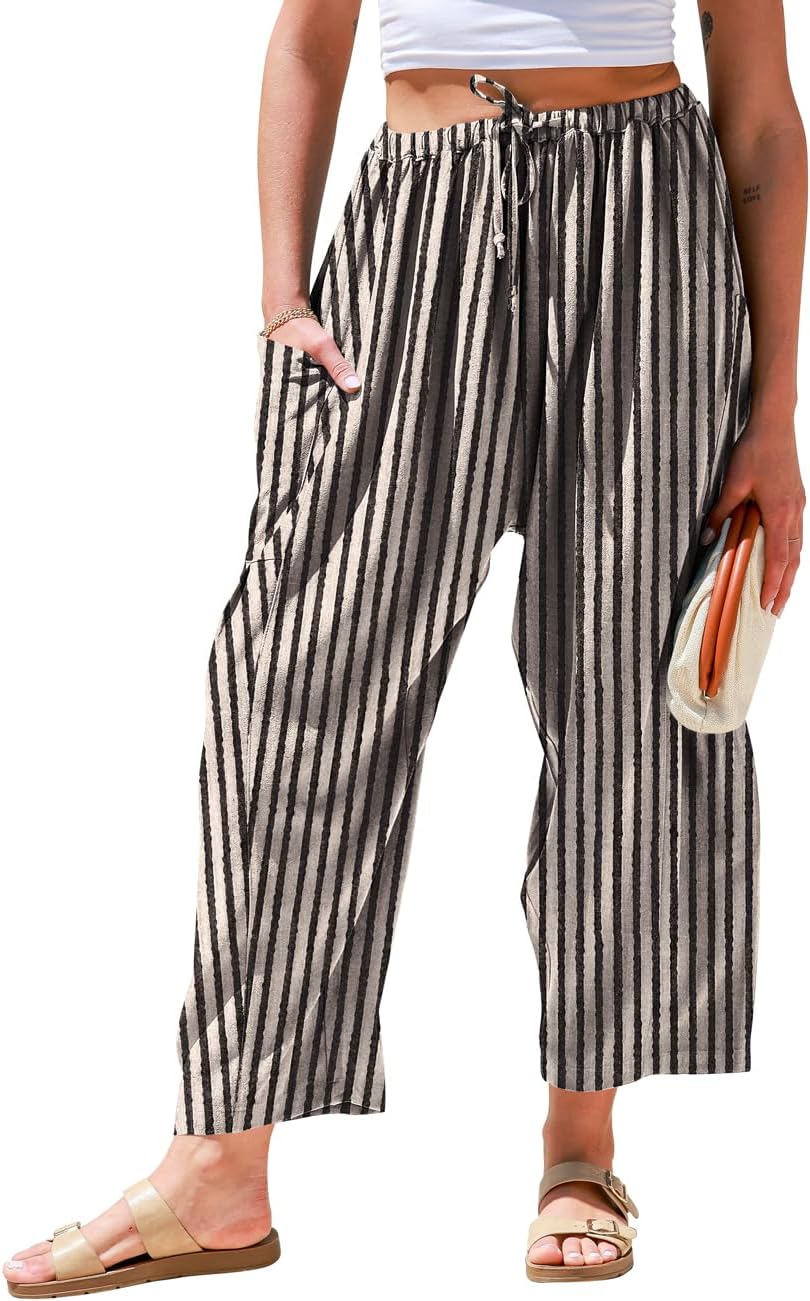 Wide Leg Trousers Womens Striped Linen Look Drawstring Elasticated Waist Cropped Relaxed Fit Pockets - image 2