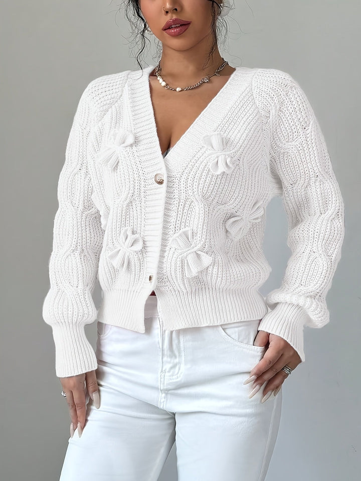 Cropped Cardigan Womens Bow Applique V Neck Button Front Pearl Look Buttons - image 20