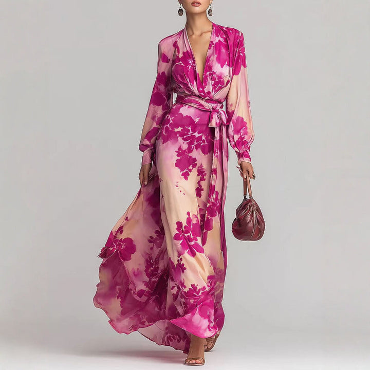 Chiffon Maxi Dress Womens Floral Long Lantern Sleeve Deep V Neck - image 7