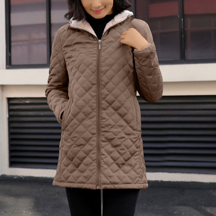 Hooded Quilted Jacket Womens Longline Diamond Quilt Sherpa Lined Hood - image 6